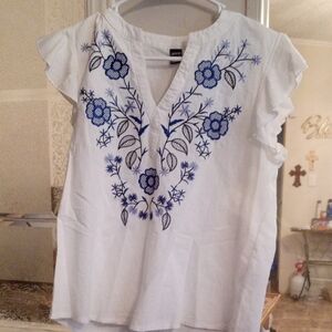 Lapis White Blouse with Blue Floral Embroidery